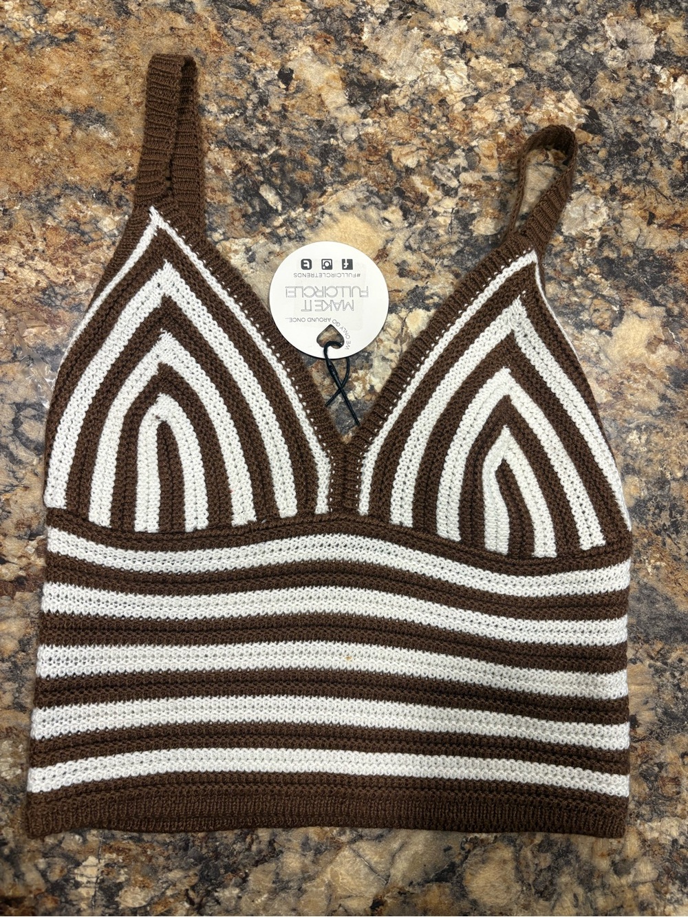Brown and White Striped Crochet Crop Cami